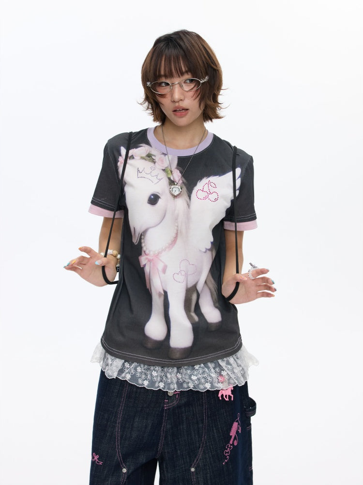 Flying Pony Print Short-Sleeve Stitching T-Shirt【s0000016827】
