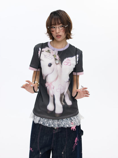 Flying Pony Print Short-Sleeve Stitching T-Shirt【s0000016827】