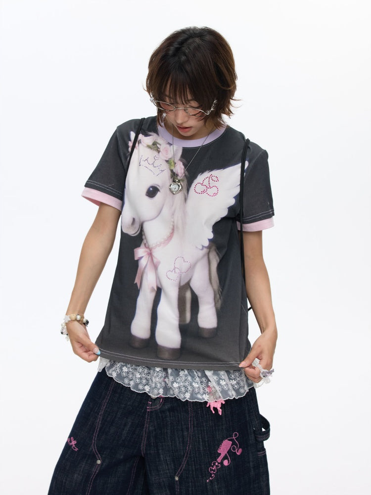 Flying Pony Print Short-Sleeve Stitching T-Shirt【s0000016827】