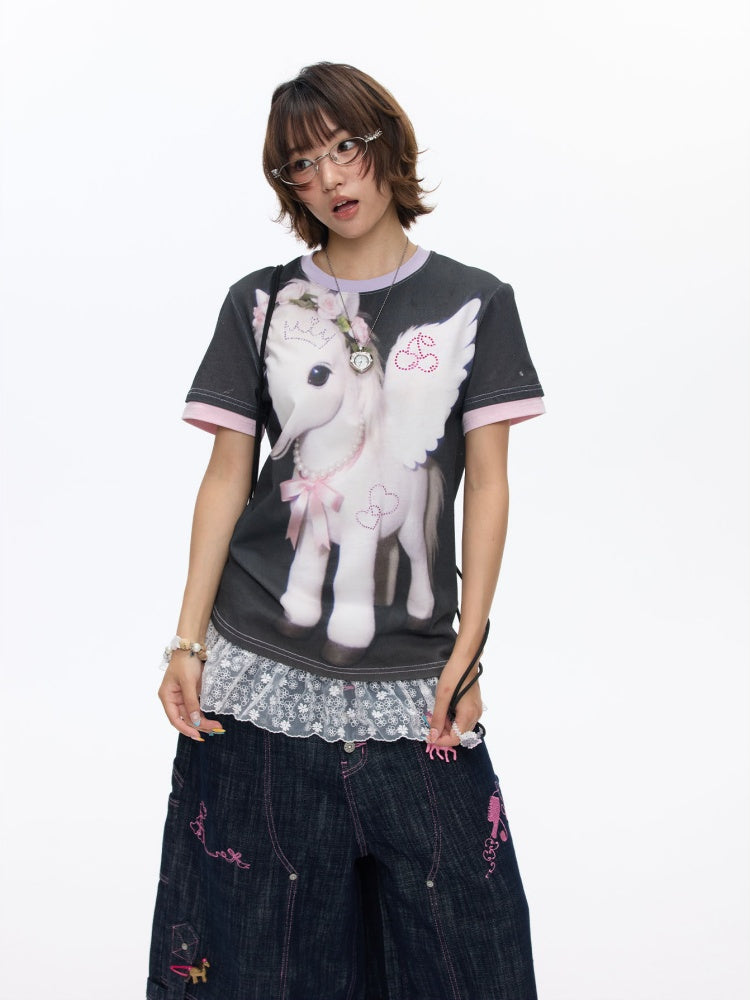 Flying Pony Print Short-Sleeve Stitching T-Shirt【s0000016827】
