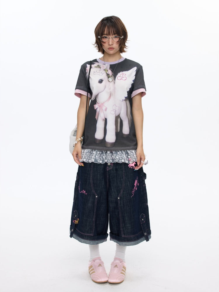 Flying Pony Print Short-Sleeve Stitching T-Shirt【s0000016827】