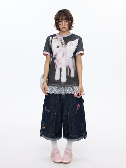 Flying Pony Print Short-Sleeve Stitching T-Shirt【s0000016827】