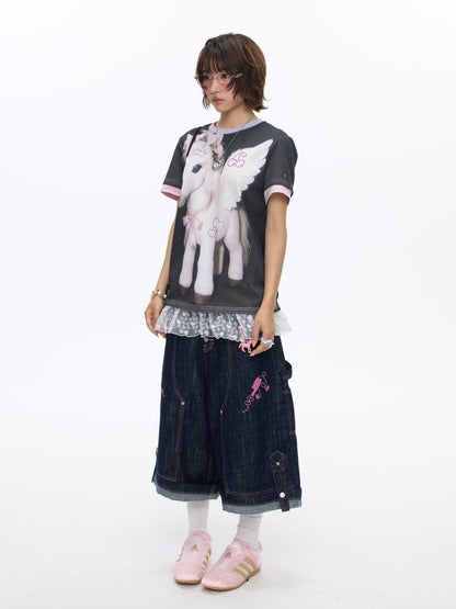 Flying Pony Print Short-Sleeve Stitching T-Shirt【s0000016827】