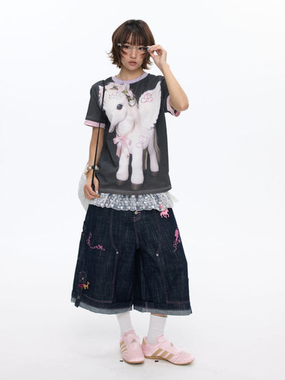 Flying Pony Print Short-Sleeve Stitching T-Shirt【s0000016827】