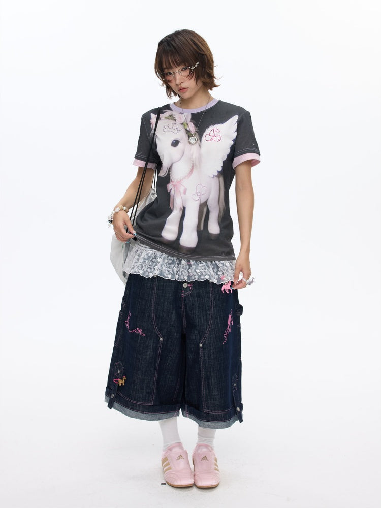Flying Pony Print Short-Sleeve Stitching T-Shirt【s0000016827】