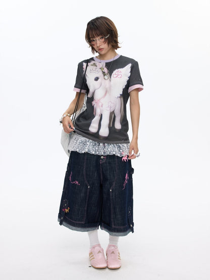 Flying Pony Print Short-Sleeve Stitching T-Shirt【s0000016827】