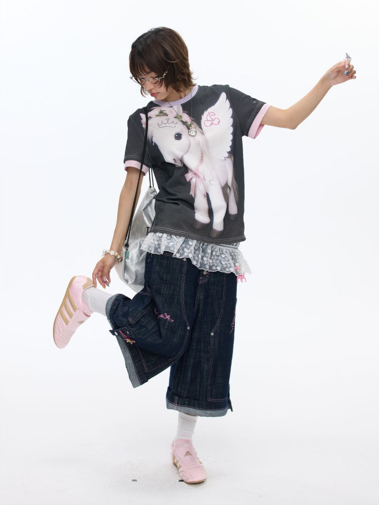 Flying Pony Print Short-Sleeve Stitching T-Shirt【s0000016827】