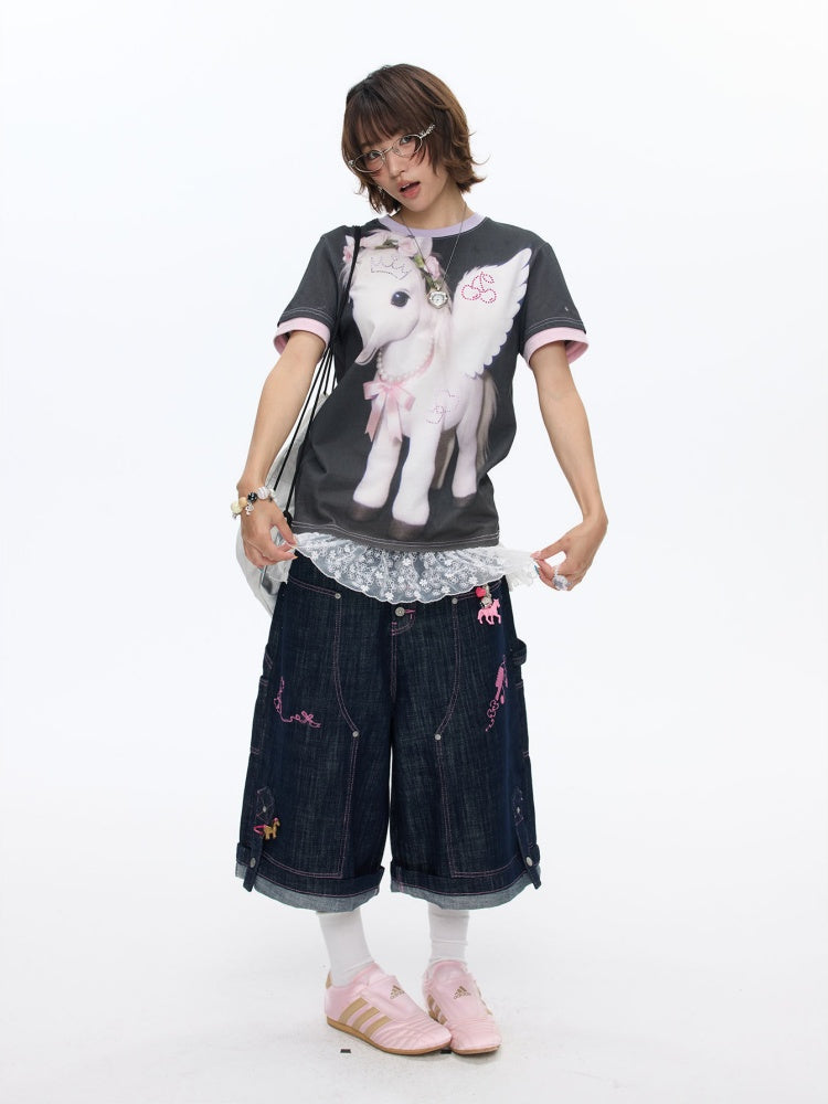 Flying Pony Print Short-Sleeve Stitching T-Shirt【s0000016827】