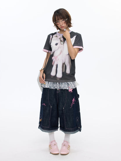 Flying Pony Print Short-Sleeve Stitching T-Shirt【s0000016827】