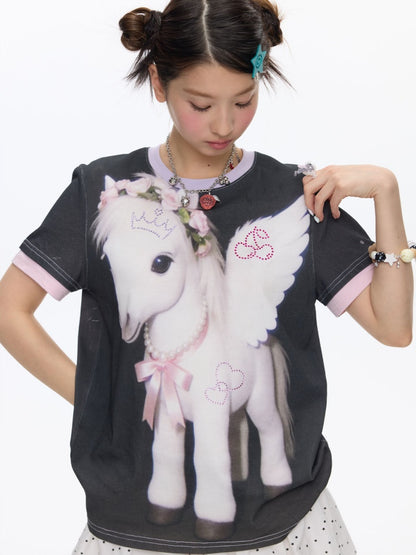 Flying Pony Print Short-Sleeve Stitching T-Shirt【s0000016827】