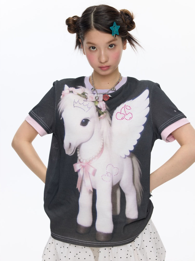 Flying Pony Print Short-Sleeve Stitching T-Shirt【s0000016827】