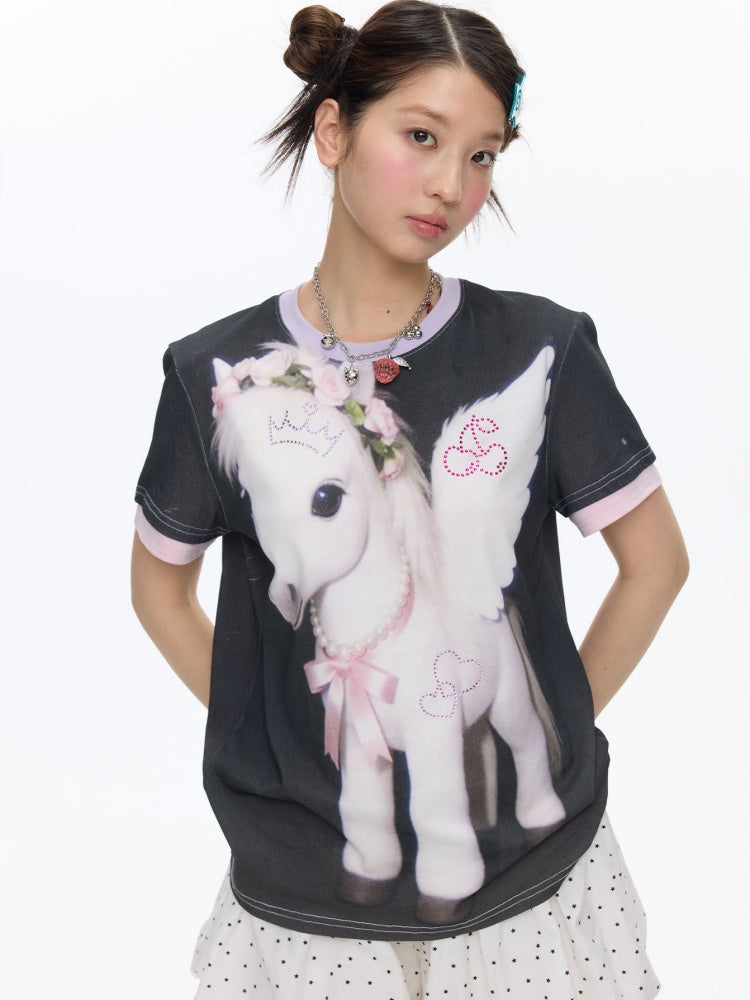 Flying Pony Print Short-Sleeve Stitching T-Shirt【s0000016827】