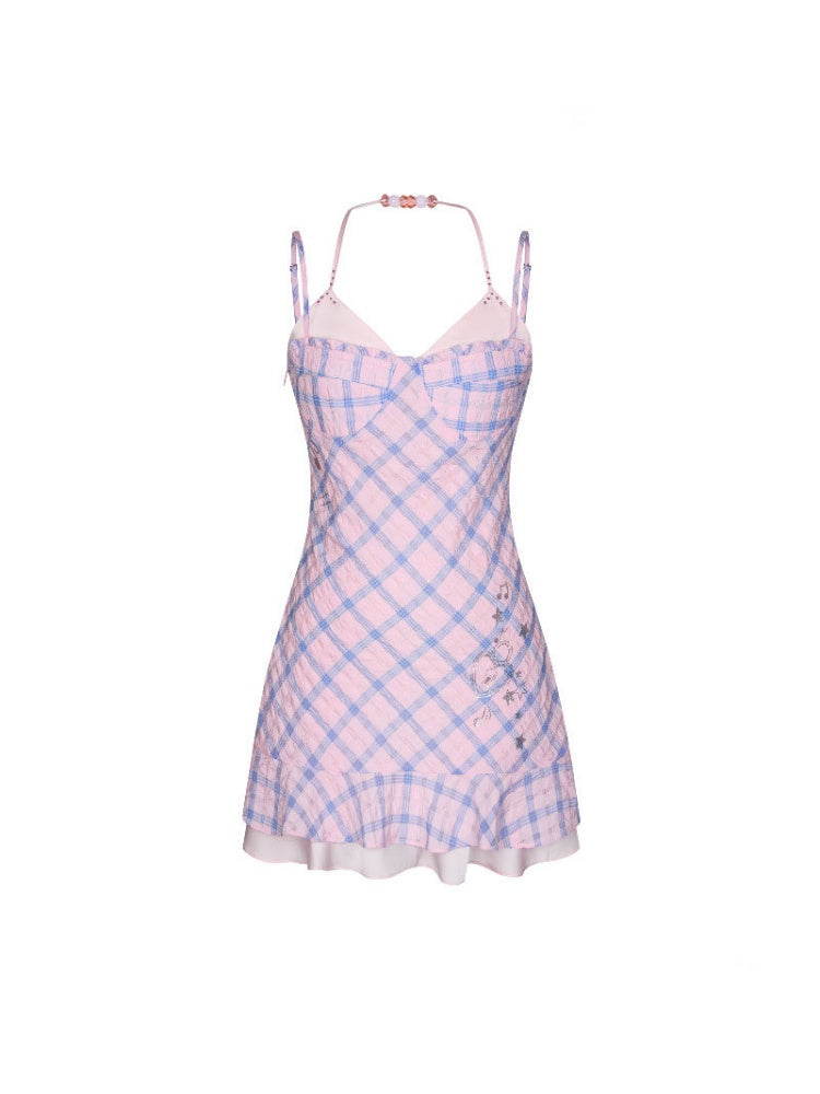 Patchwork Plaid Rhinestone Camisole Dress【s0000016829】