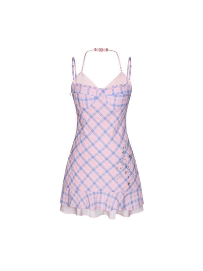 Patchwork Plaid Rhinestone Camisole Dress【s0000016829】