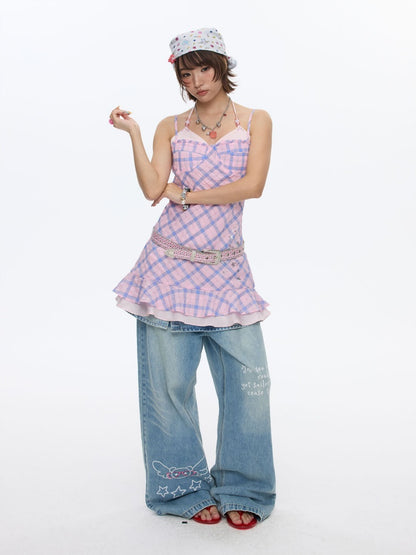 Patchwork Plaid Rhinestone Camisole Dress【s0000016829】