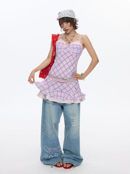 Patchwork Plaid Rhinestone Camisole Dress【s0000016829】