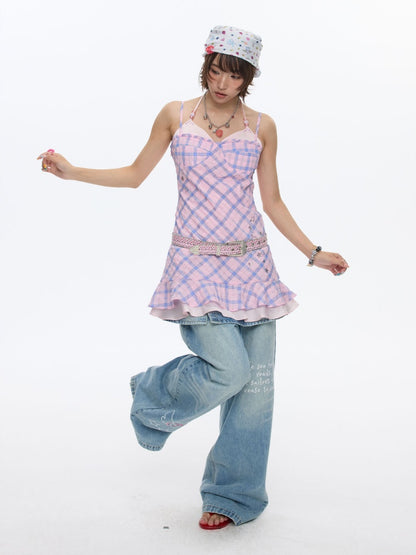 Patchwork Plaid Rhinestone Camisole Dress【s0000016829】