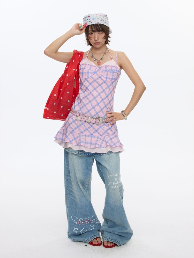 Patchwork Plaid Rhinestone Camisole Dress【s0000016829】