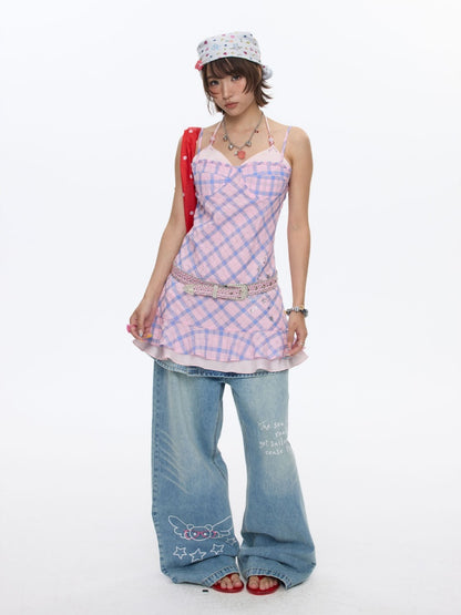 Patchwork Plaid Rhinestone Camisole Dress【s0000016829】