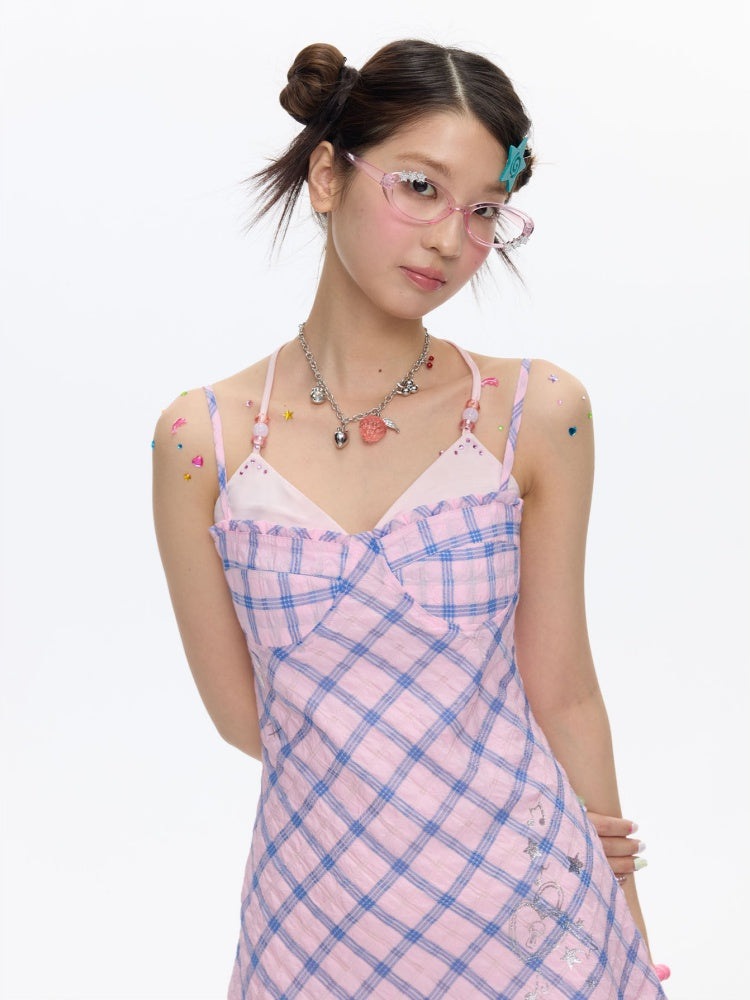 Patchwork Plaid Rhinestone Camisole Dress【s0000016829】