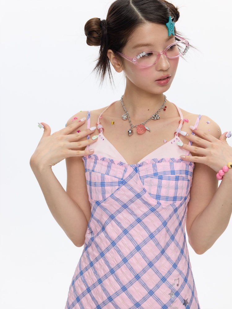 Patchwork Plaid Rhinestone Camisole Dress【s0000016829】
