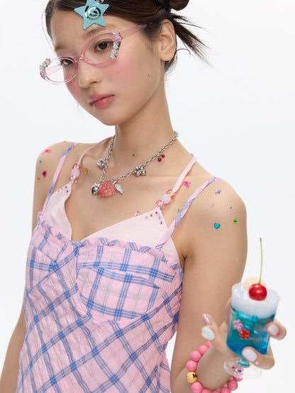 Patchwork Plaid Rhinestone Camisole Dress【s0000016829】