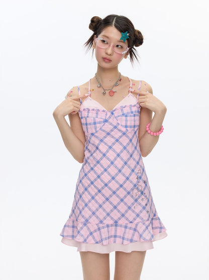 Patchwork Plaid Rhinestone Camisole Dress【s0000016829】