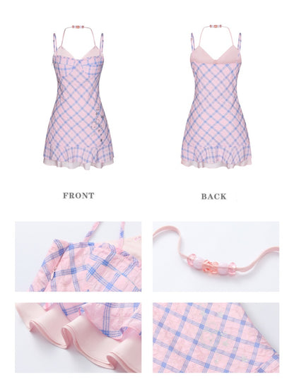 Patchwork Plaid Rhinestone Camisole Dress【s0000016829】