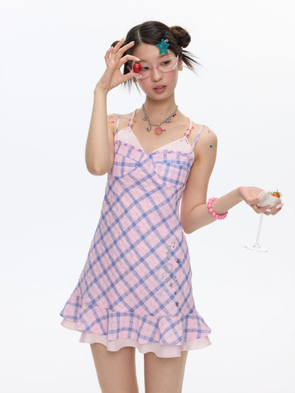 Patchwork Plaid Rhinestone Camisole Dress【s0000016829】