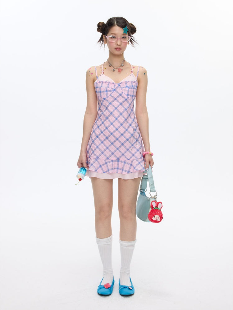 Patchwork Plaid Rhinestone Camisole Dress【s0000016829】