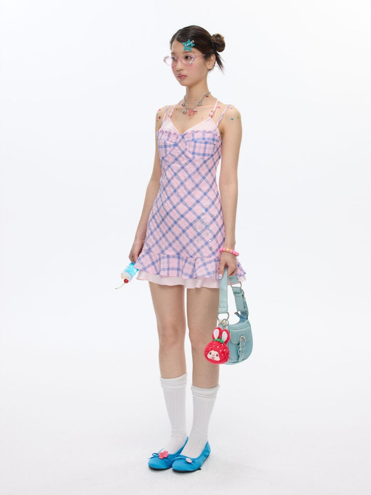 Patchwork Plaid Rhinestone Camisole Dress【s0000016829】