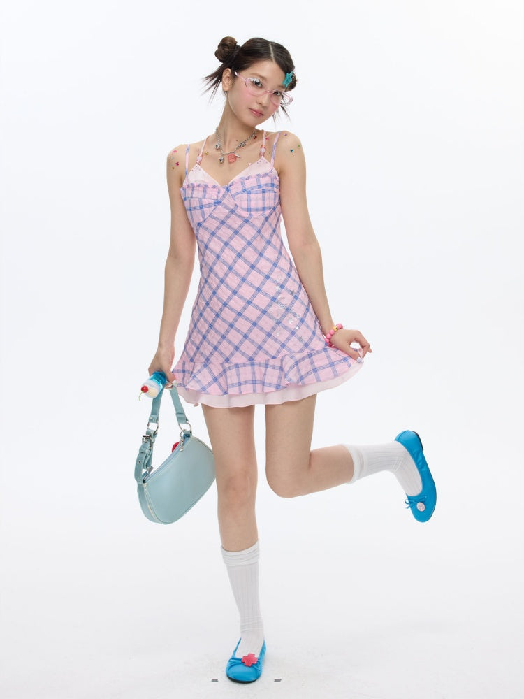 Patchwork Plaid Rhinestone Camisole Dress【s0000016829】