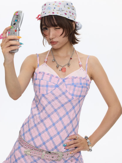 Patchwork Plaid Rhinestone Camisole Dress【s0000016829】