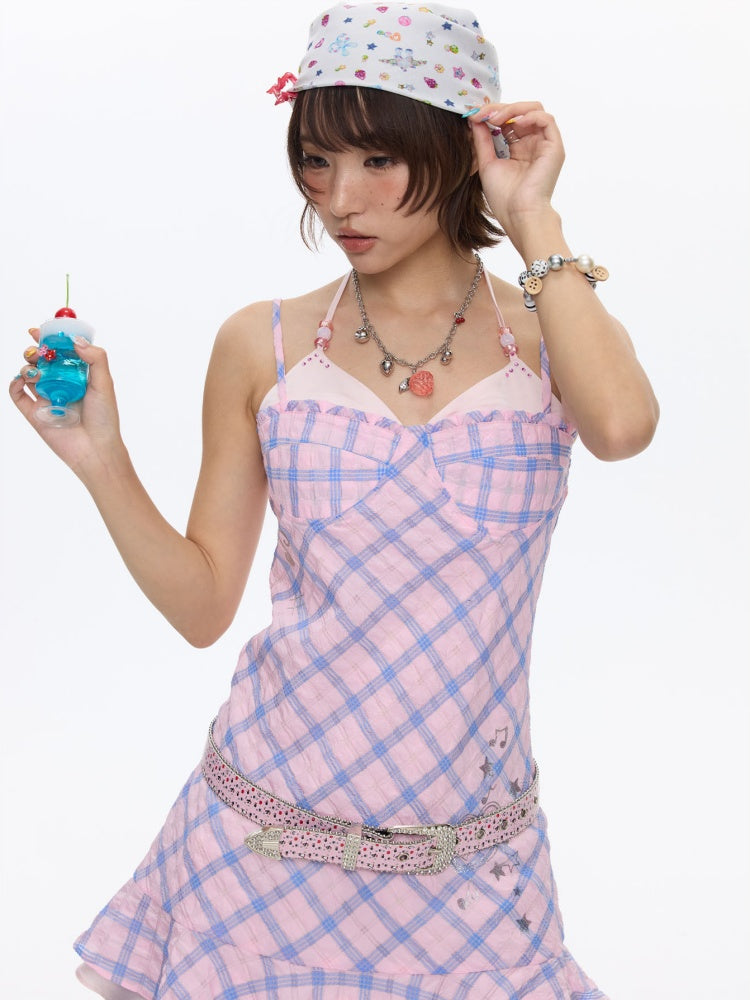 Patchwork Plaid Rhinestone Camisole Dress【s0000016829】