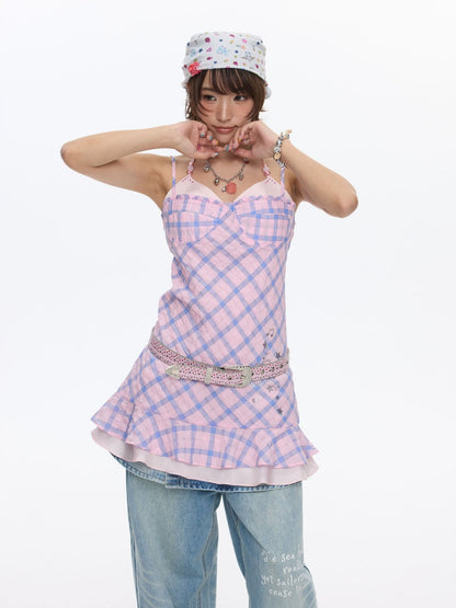 Patchwork Plaid Rhinestone Camisole Dress【s0000016829】