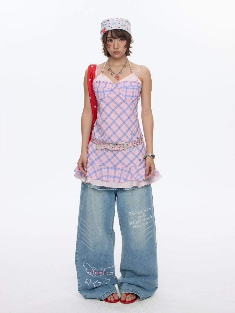 Patchwork Plaid Rhinestone Camisole Dress【s0000016829】