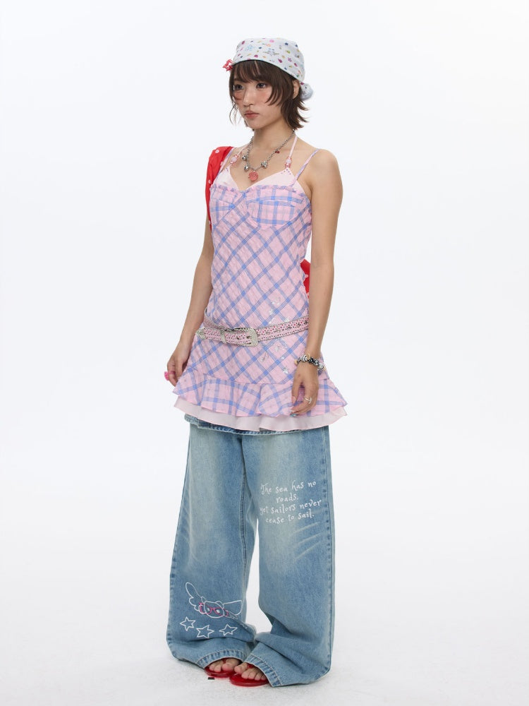 Patchwork Plaid Rhinestone Camisole Dress【s0000016829】