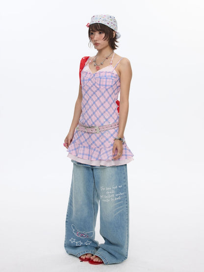 Patchwork Plaid Rhinestone Camisole Dress【s0000016829】