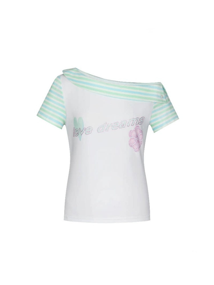 Slanted Shoulder Striped Short Sleeve T-Shirt【s0000016830】