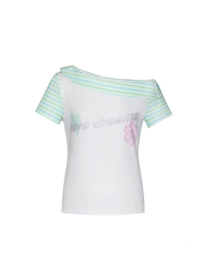 Slanted Shoulder Striped Short Sleeve T-Shirt【s0000016830】