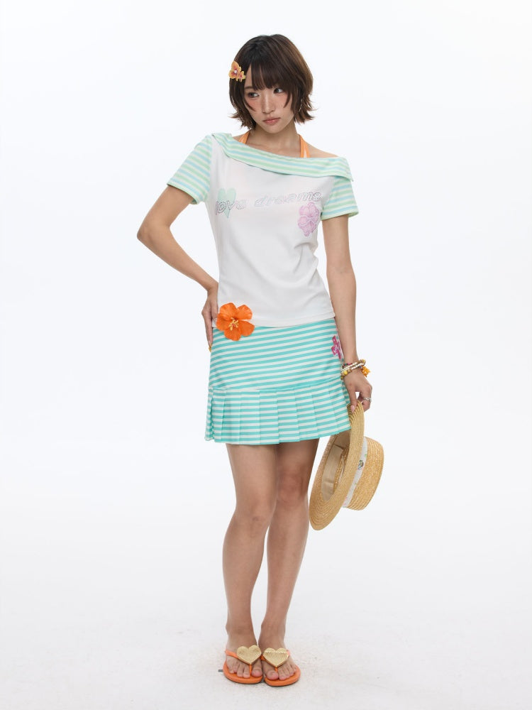 Slanted Shoulder Striped Short Sleeve T-Shirt【s0000016830】