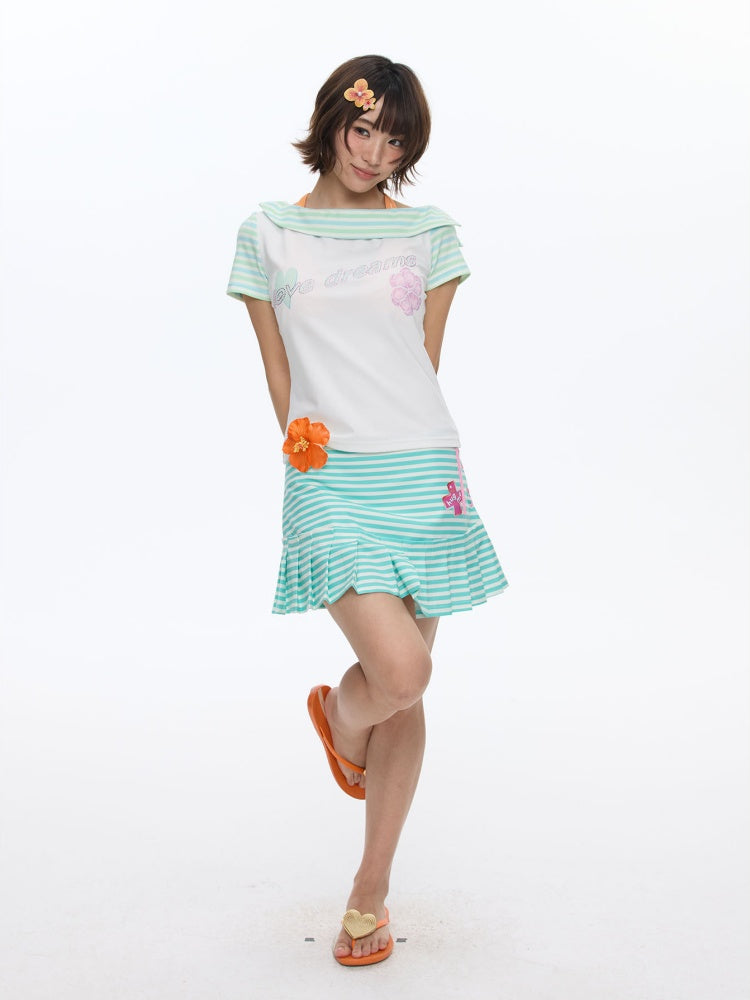 Slanted Shoulder Striped Short Sleeve T-Shirt【s0000016830】