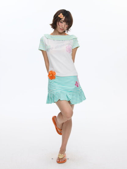 Slanted Shoulder Striped Short Sleeve T-Shirt【s0000016830】