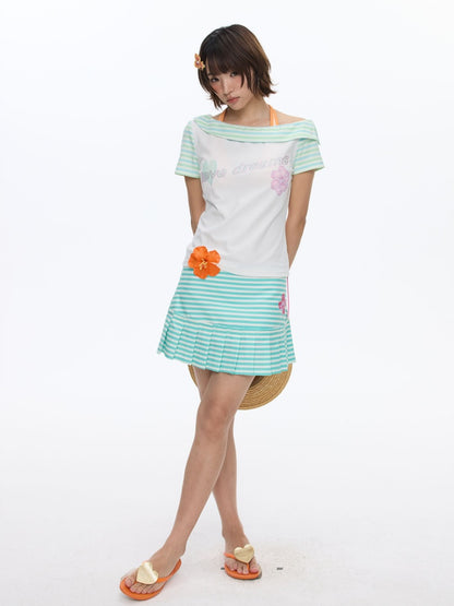 Slanted Shoulder Striped Short Sleeve T-Shirt【s0000016830】