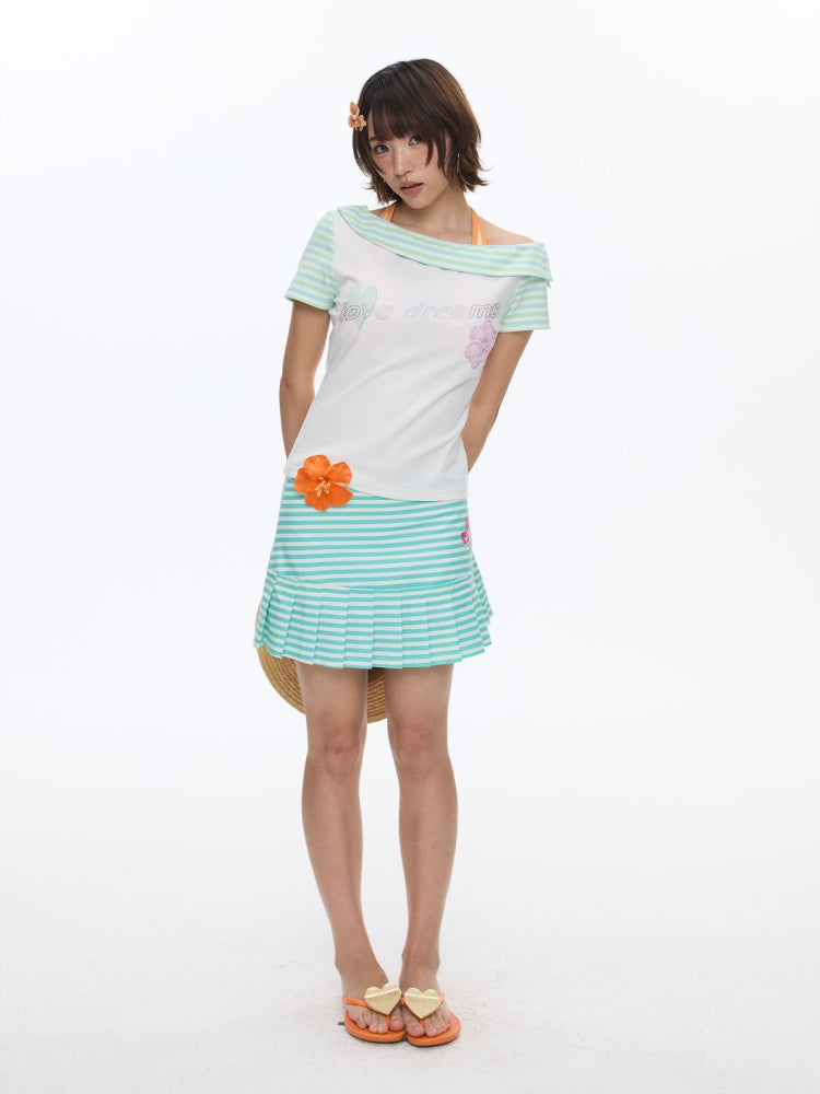 Slanted Shoulder Striped Short Sleeve T-Shirt【s0000016830】