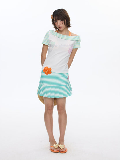 Slanted Shoulder Striped Short Sleeve T-Shirt【s0000016830】