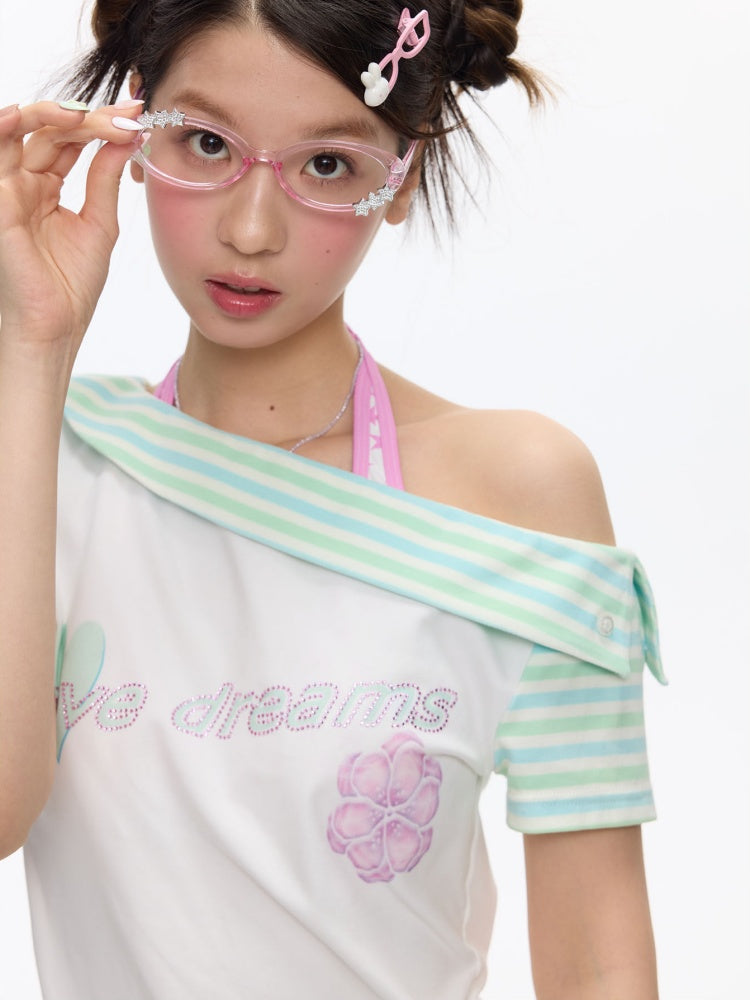 Slanted Shoulder Striped Short Sleeve T-Shirt【s0000016830】