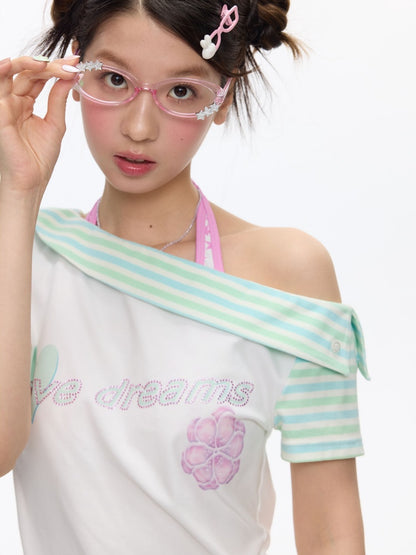 Slanted Shoulder Striped Short Sleeve T-Shirt【s0000016830】