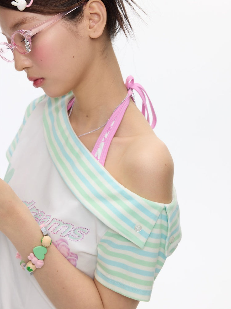 Slanted Shoulder Striped Short Sleeve T-Shirt【s0000016830】