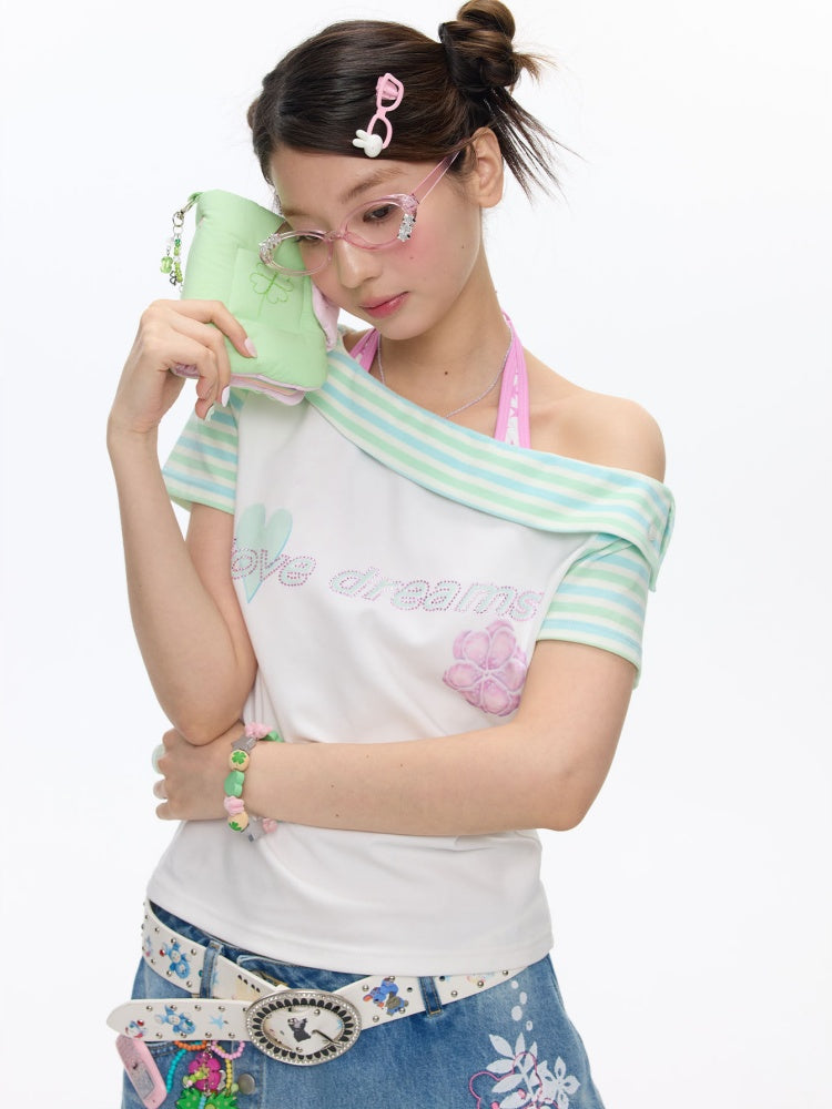 Slanted Shoulder Striped Short Sleeve T-Shirt【s0000016830】